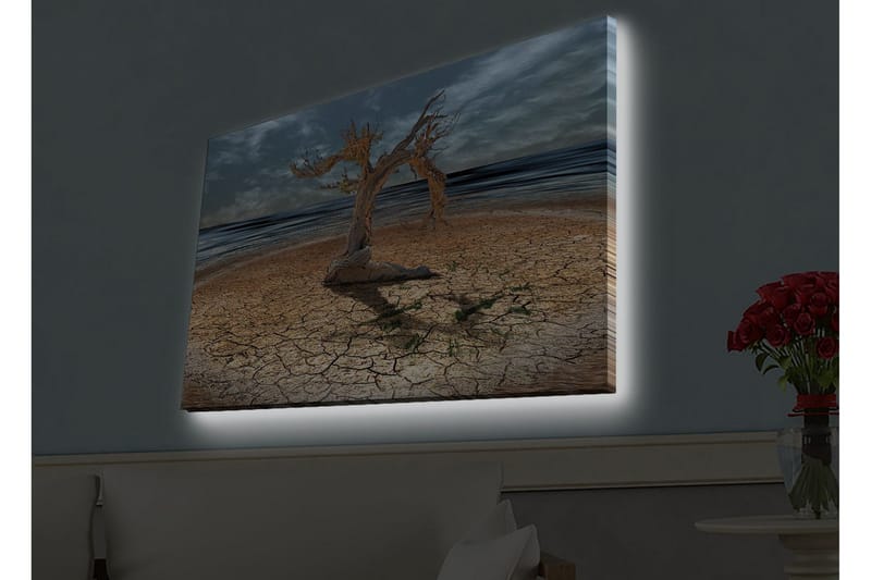Canvastavla med LED-belysning - Dött träd på en sprucken jordyta vid havet - Brun / Grå / Blå - Inredning & dekor - Tavlor & konst - Canvastavla