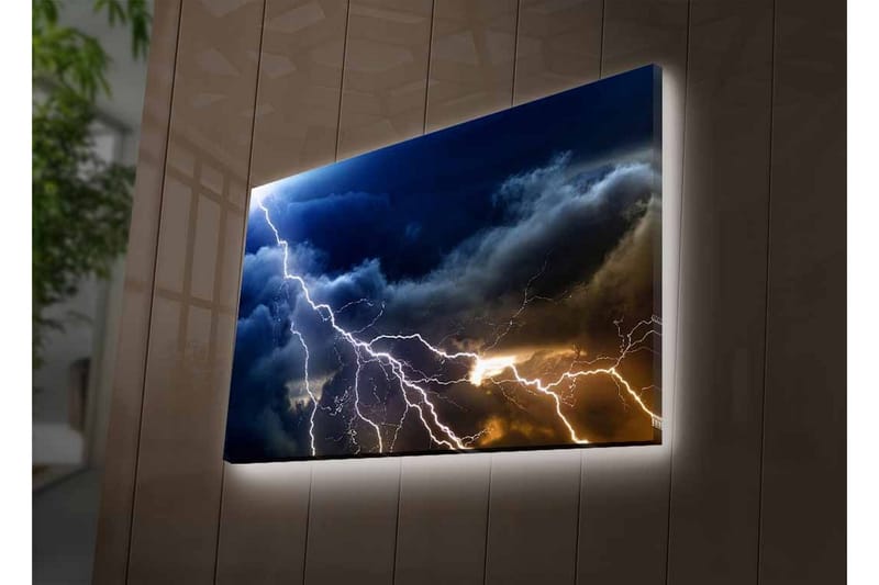 Canvastavla med LED-belysning - Dramatiska åskmoln med blixtar som skär genom himlen - Mörkblå / Grå / Vit - Inredning & dekor - Tavlor & konst - Canvastavla