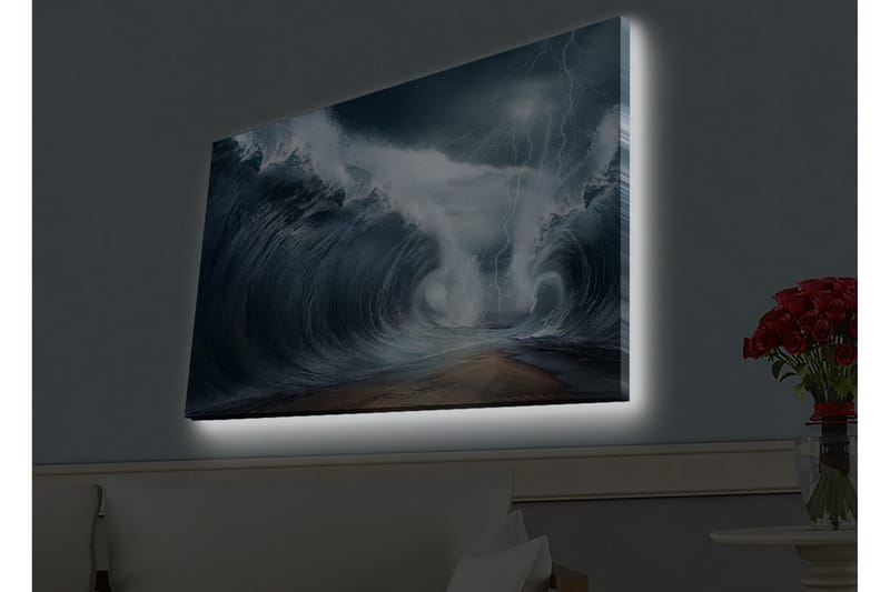 Canvastavla med LED-belysning - Dramatiska vågor i stormigt hav - Mörkblå / Grå / Vit - Inredning & dekor - Tavlor & konst - Canvastavla