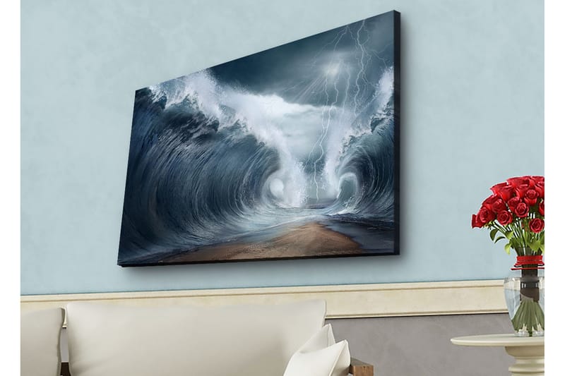 Canvastavla med LED-belysning - Dramatiska vågor i stormigt hav, Mörkblå / Grå / Vit