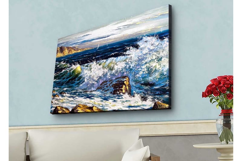 Canvastavla med LED-belysning - Dramatiska vågor som kraschar mot klippor vid havet - Mörkblå / Vit / Grön - Inredning & dekor - Tavlor & konst - Canvastavla