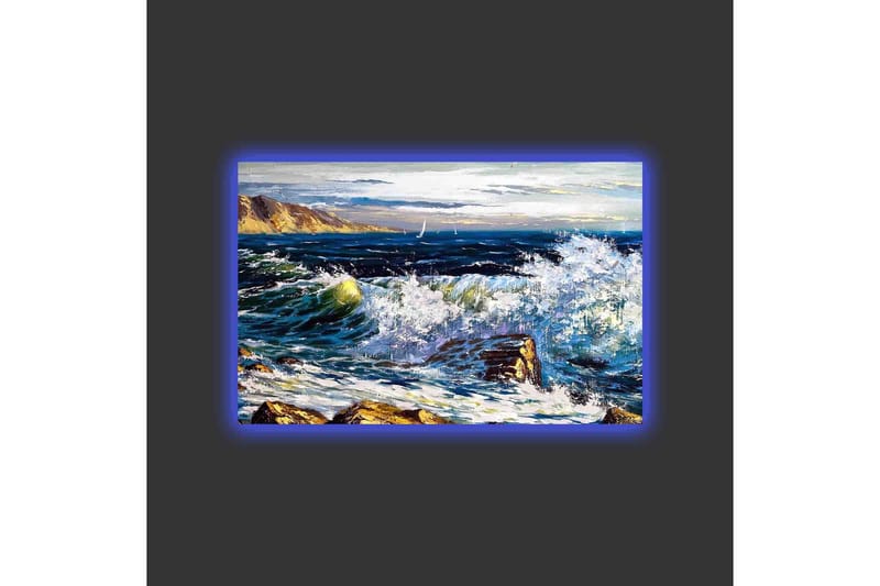 Canvastavla med LED-belysning - Dramatiska vågor som kraschar mot klippor vid havet - Mörkblå / Vit / Grön - Inredning & dekor - Tavlor & konst - Canvastavla