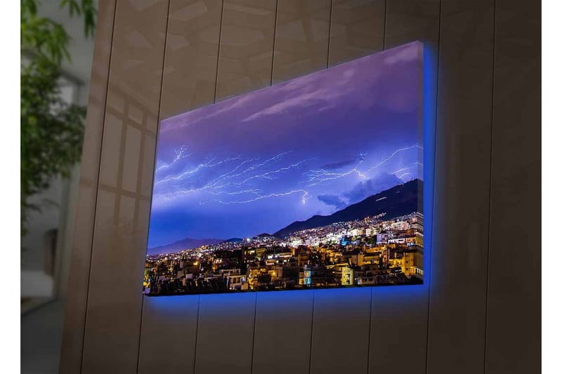 Canvastavla med LED-belysning - Dramatiskt åskväder över en stadssilhuett - Mörkblå / Lila / Vit - Inredning & dekor - Tavlor & konst - Canvastavla