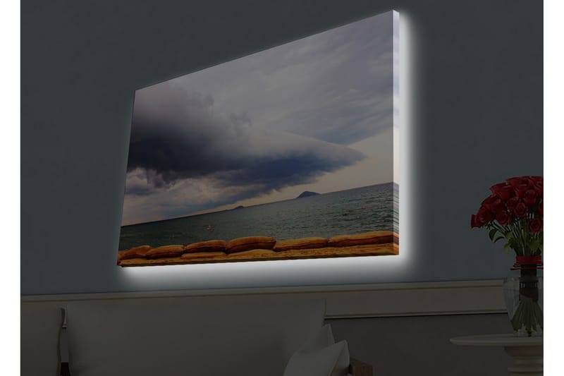 Canvastavla med LED-belysning - Dramatiskt havslandskap med mörka moln och stilla vatten, Mörkblå / Grå / Beige