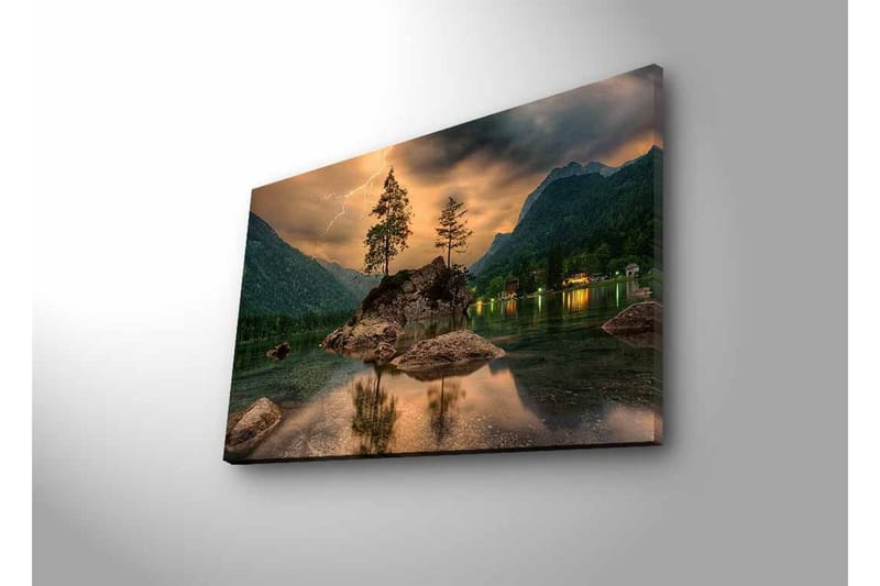 Canvastavla med LED-belysning - Dramatiskt landskap med berg och träd vid en spegelblanka sjö - Mörkgrön / Grå / Blå - Inredning & dekor - Tavlor & konst - Canvastavla