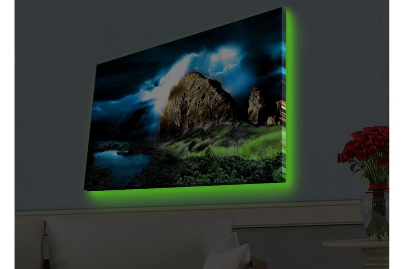 Canvastavla med LED-belysning - Dramatiskt landskap med klippor och stormiga moln, Mörkblå / Grön / Svart