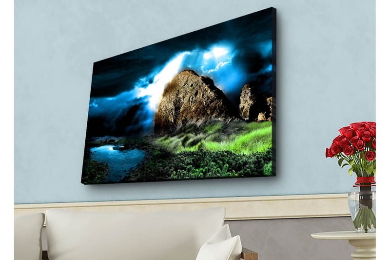 Canvastavla med LED-belysning - Dramatiskt landskap med klippor och stormiga moln - Mörkblå / Grön / Svart - Inredning & dekor - Tavlor & konst - Canvastavla
