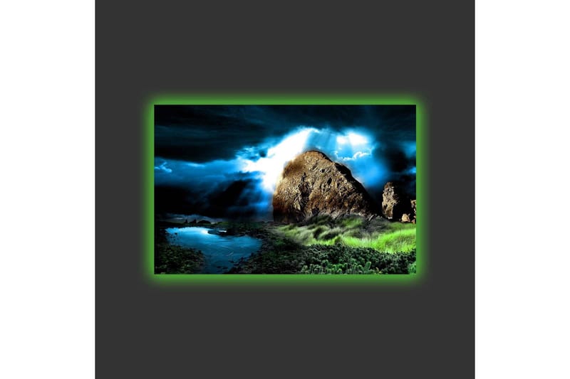 Canvastavla med LED-belysning - Dramatiskt landskap med klippor och stormiga moln - Mörkblå / Grön / Svart - Inredning & dekor - Tavlor & konst - Canvastavla