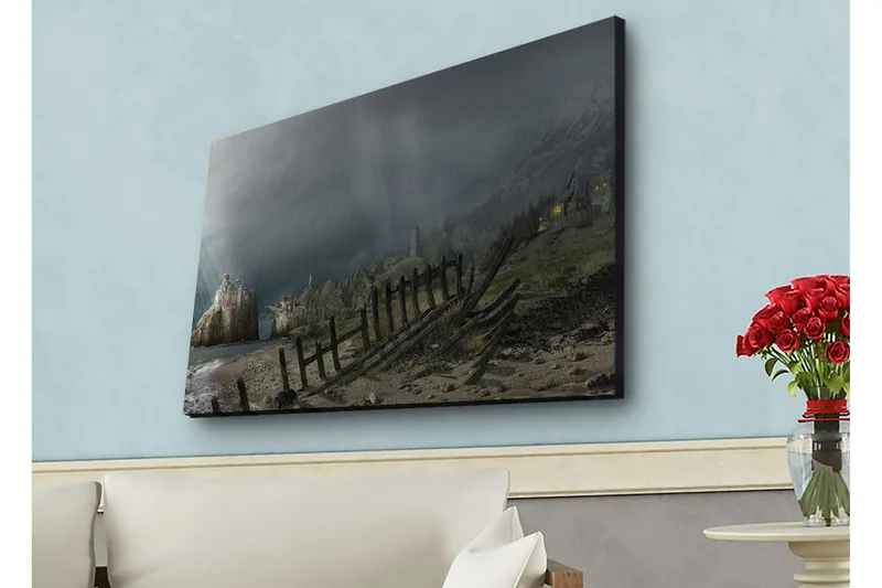 Canvastavla med LED-belysning - Dramatiskt landskap med stormiga moln och en kustlinje, Mörkgrå / Grön / Brun