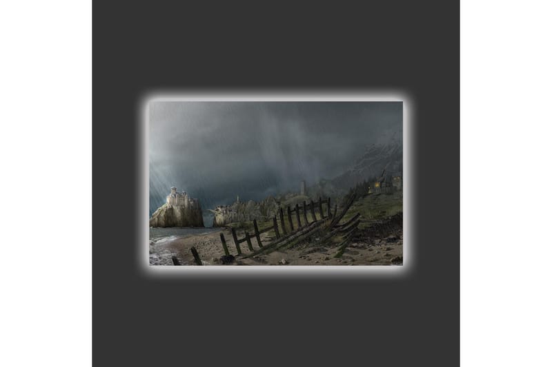 Canvastavla med LED-belysning - Dramatiskt landskap med stormiga moln och en kustlinje - Mörkgrå / Grön / Brun - Inredning & dekor - Tavlor & konst - Canvastavla