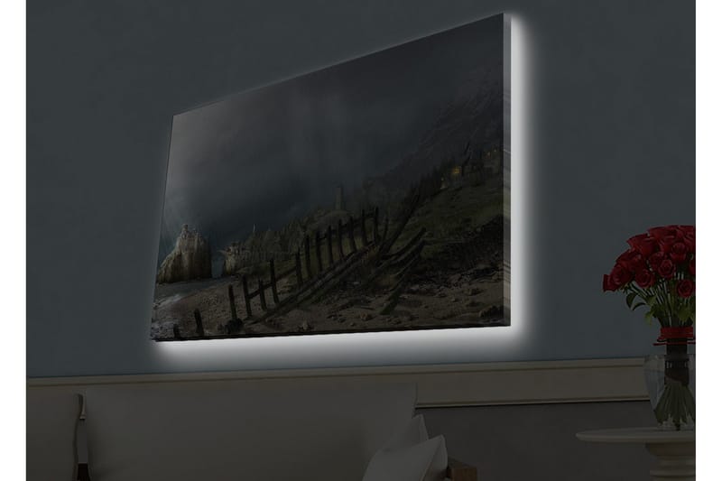 Canvastavla med LED-belysning - Dramatiskt landskap med stormiga moln och en kustlinje - Mörkgrå / Grön / Brun - Inredning & dekor - Tavlor & konst - Canvastavla