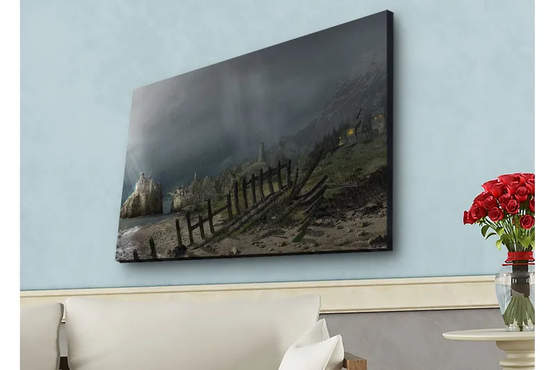 Canvastavla med LED-belysning - Dramatiskt landskap med stormiga moln och en kustlinje, Mörkgrå / Grön / Brun