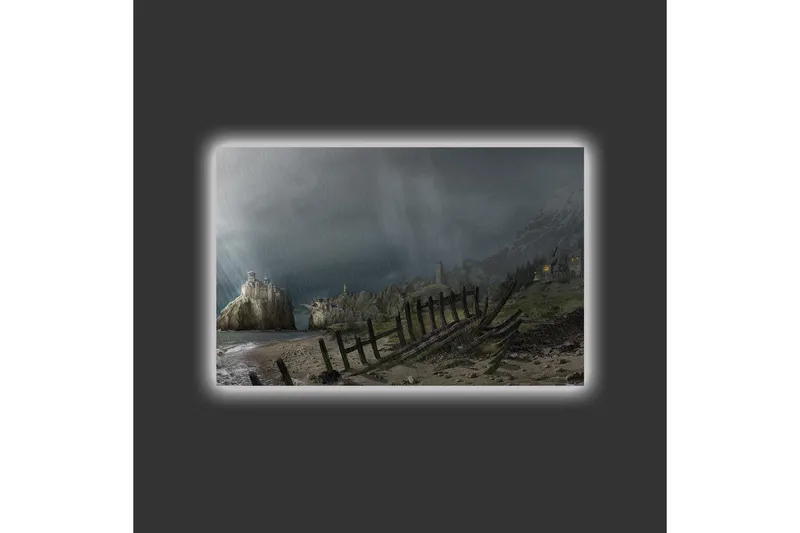 Canvastavla med LED-belysning - Dramatiskt landskap med stormiga moln och en kustlinje - Mörkgrå / Grön / Brun - Inredning & dekor - Tavlor & konst - Canvastavla