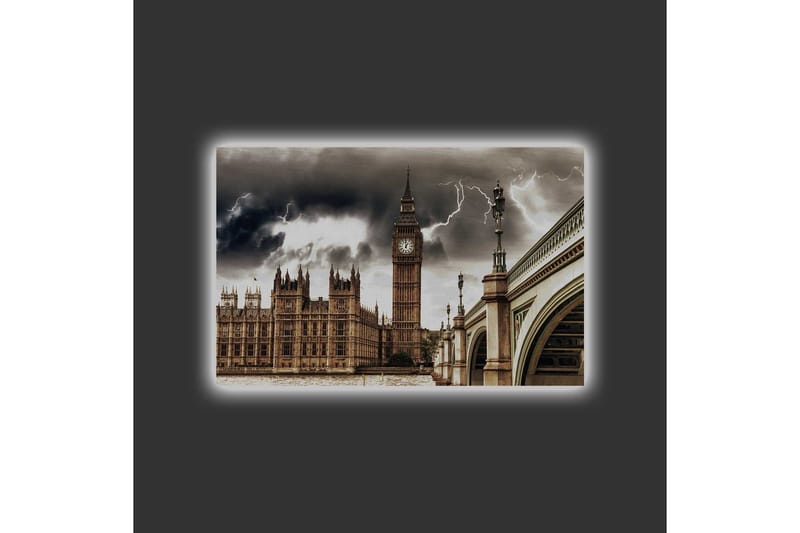 Canvastavla med LED-belysning - Dramatiskt stadslandskap med Big Ben och en bro under mörka moln - Grå / Beige / Mörkbrun - Inredning & dekor - Tavlor & konst - Canvastavla