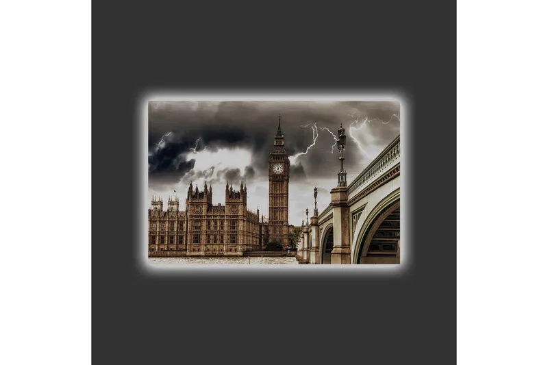 Canvastavla med LED-belysning - Dramatiskt stadslandskap med Big Ben och en bro under mörka moln - Grå / Beige / Mörkbrun - Inredning & dekor - Tavlor & konst - Canvastavla