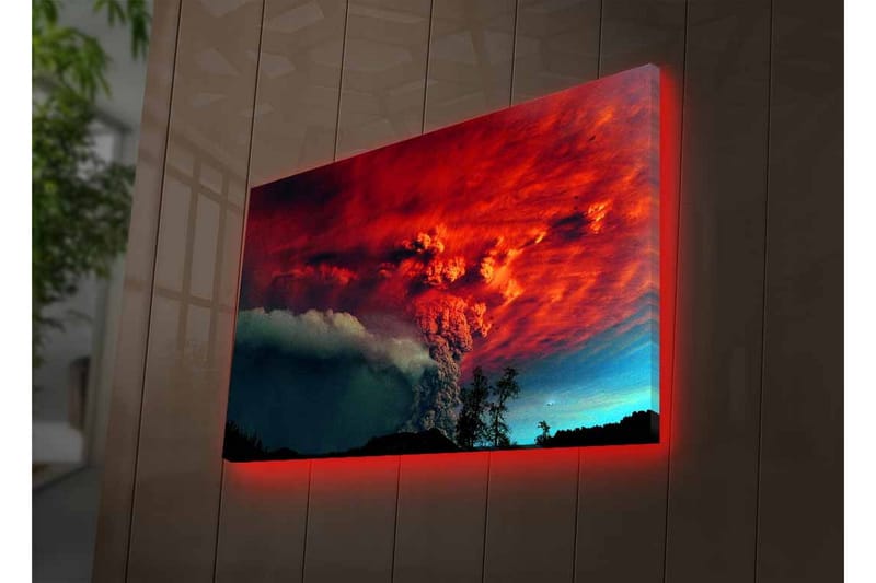 Canvastavla med LED-belysning - Dramatiskt vulkanutbrott med intensiva färger på himlen - Röd / Svart / Blå - Inredning & dekor - Tavlor & konst - Canvastavla