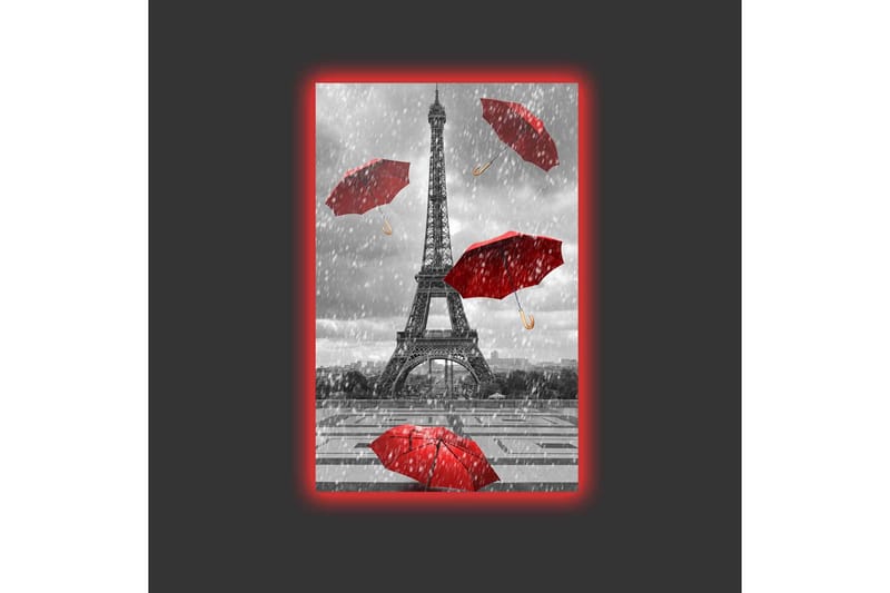 Canvastavla med LED-belysning - Eiffeltornet omgiven av röda paraplyer i regnigt väder - Röd / Grå - Inredning & dekor - Tavlor & konst - Canvastavla