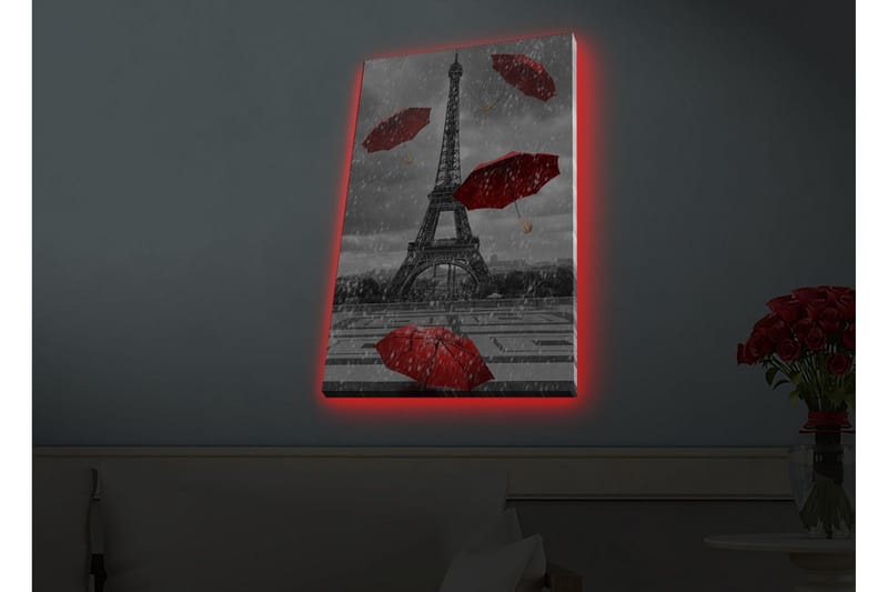 Canvastavla med LED-belysning - Eiffeltornet omgiven av röda paraplyer i regnigt väder - Röd / Grå - Inredning & dekor - Tavlor & konst - Canvastavla