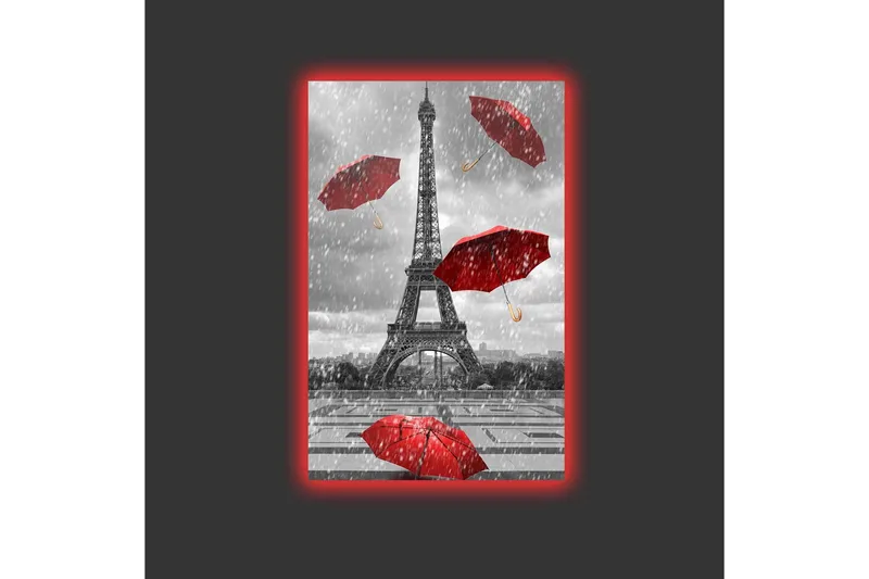 Canvastavla med LED-belysning - Eiffeltornet omgiven av röda paraplyer i regnigt väder - Röd / Grå - Inredning & dekor - Tavlor & konst - Canvastavla