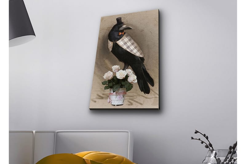 Canvastavla med LED-belysning - Fågel i elegant klädsel med en bukett rosor - Svart / Ljusrosa / Beige - Inredning & dekor - Tavlor & konst - Canvastavla