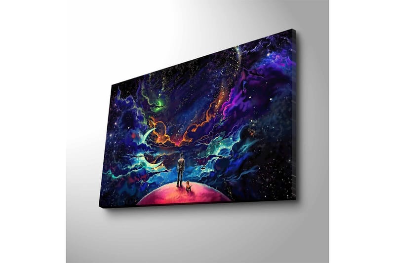 Canvastavla med LED-belysning - Fantastisk rymdscen med en människa och en hund på en planet - Lila / Blå / Rosa - Inredning & dekor - Tavlor & konst - Canvastavla