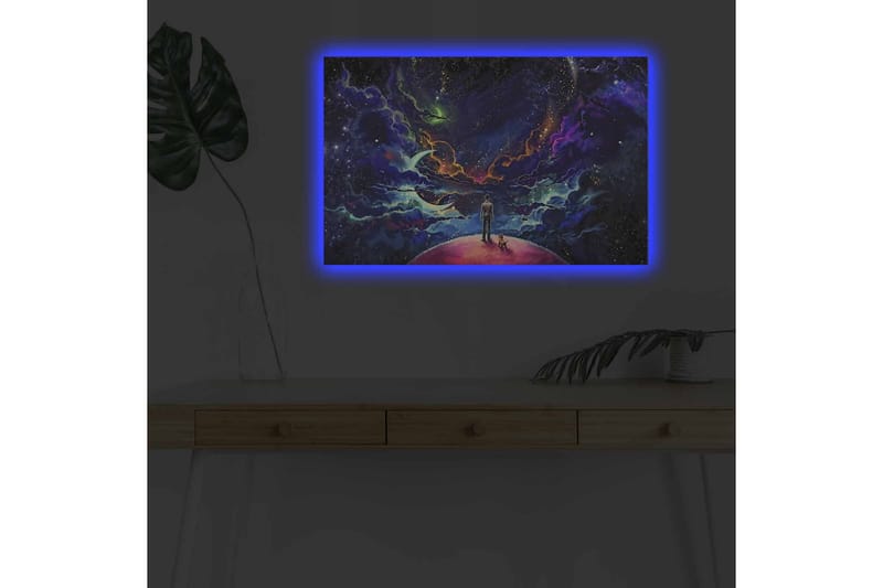 Canvastavla med LED-belysning - Fantastisk rymdscen med en människa och en hund på en planet - Lila / Blå / Rosa - Inredning & dekor - Tavlor & konst - Canvastavla