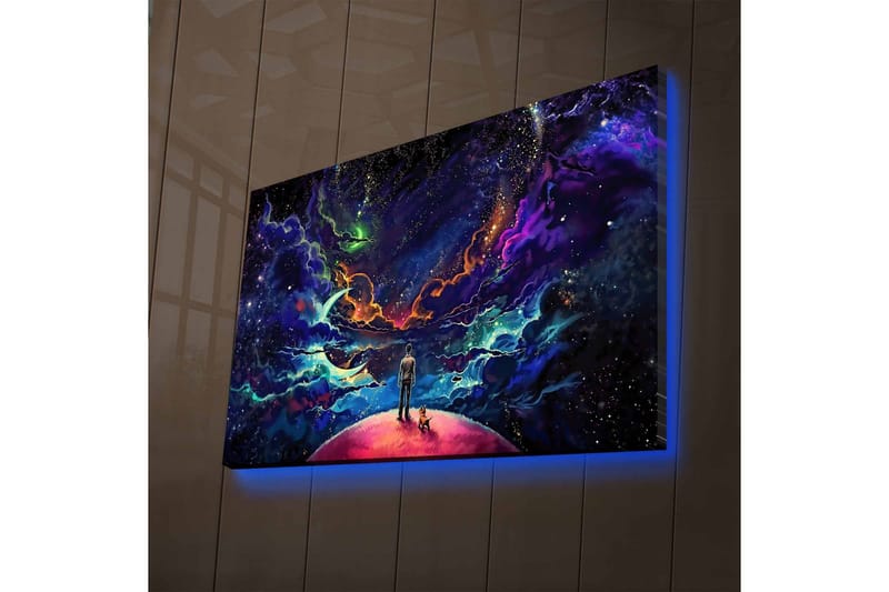 Canvastavla med LED-belysning - Fantastisk rymdscen med en människa och en hund på en planet - Lila / Blå / Rosa - Inredning & dekor - Tavlor & konst - Canvastavla