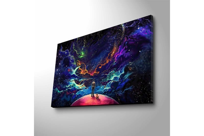 Canvastavla med LED-belysning - Fantastisk rymdscen med en människa och en hund på en planet - Lila / Blå / Rosa - Inredning & dekor - Tavlor & konst - Canvastavla