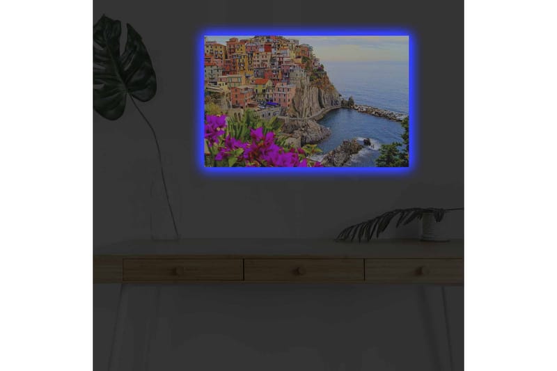 Canvastavla med LED-belysning - Färgglad kustby med färgglada hus och havsutsikt - Lila / Orange / Blå - Inredning & dekor - Tavlor & konst - Canvastavla