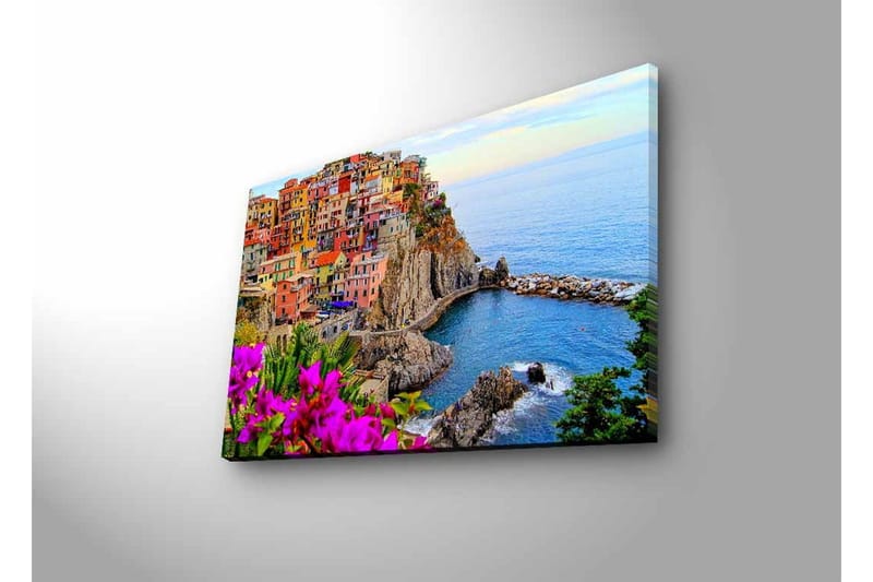 Canvastavla med LED-belysning - Färgglad kustby med färgglada hus och havsutsikt - Lila / Orange / Blå - Inredning & dekor - Tavlor & konst - Canvastavla