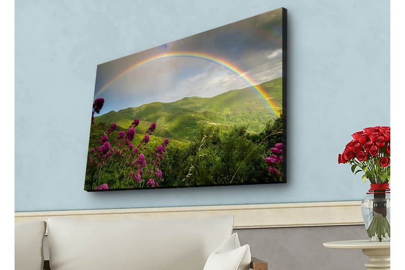Canvastavla med LED-belysning - Färgglad regnbåge över gröna berg och blommor - Grön / Lila / Blå - Inredning & dekor - Tavlor & konst - Canvastavla