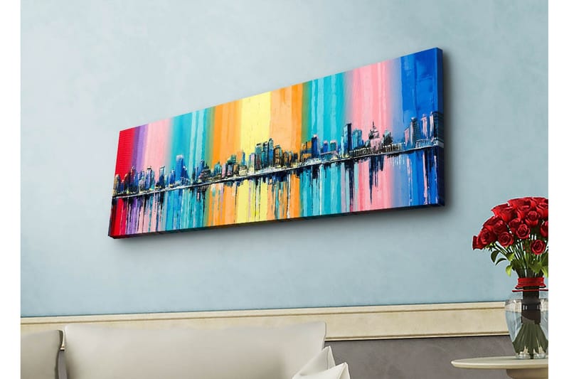 Canvastavla med LED-belysning - Färgglad stadsbild med horisontlinje och reflektioner i vatten - Blå / Rosa / Orange - Inredning & dekor - Tavlor & konst - Canvastavla