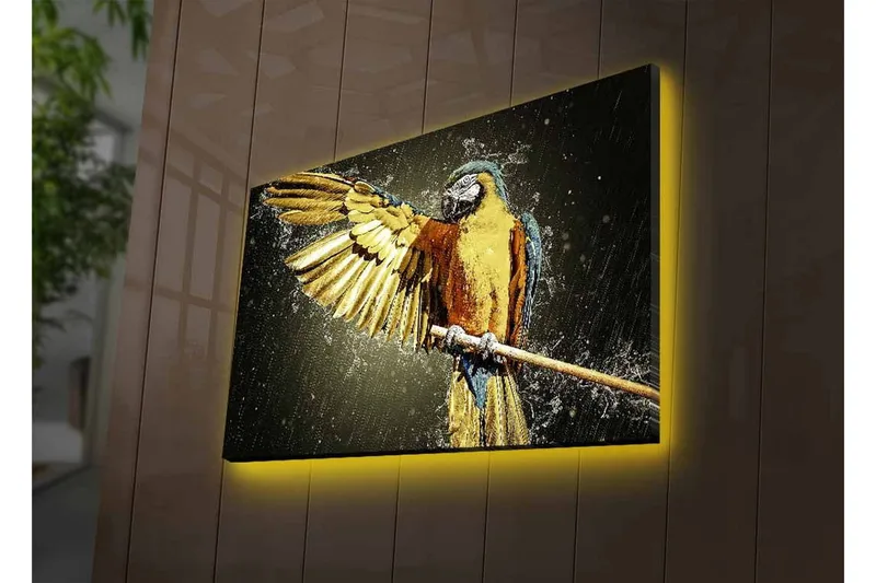 Canvastavla med LED-belysning - Färgglad papegoja med utsträckta vingar - Guld / Blå / Grön - Inredning & dekor - Tavlor & konst - Canvastavla
