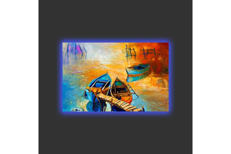 Canvastavla med LED-belysning - Färgglada båtar vid en brygga i en solnedgång - Blå / Orange / Gul - Inredning & dekor - Tavlor & konst - Canvastavla