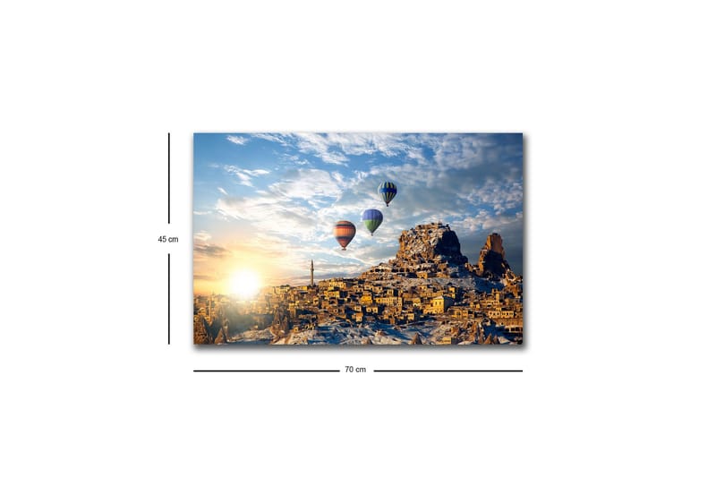 Canvastavla med LED-belysning - Färgglada luftballonger sväva över en bergig landskapsscen med solnedgång - Guld / Blå / Orange - Inredning & dekor - Tavlor & konst - Canvastavla