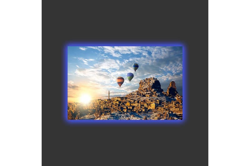 Canvastavla med LED-belysning - Färgglada luftballonger sväva över en bergig landskapsscen med solnedgång - Guld / Blå / Orange - Inredning & dekor - Tavlor & konst - Canvastavla