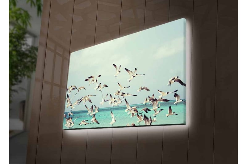 Canvastavla med LED-belysning - Flock av fåglar som flyger över en blå havsyta - Ljusblå / Vit / Svart - Inredning & dekor - Tavlor & konst - Canvastavla