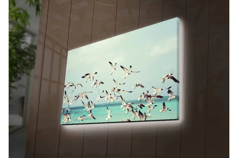 Canvastavla med LED-belysning - Flock av fåglar som flyger över en blå havsyta - Ljusblå / Vit / Svart - Inredning & dekor - Tavlor & konst - Canvastavla