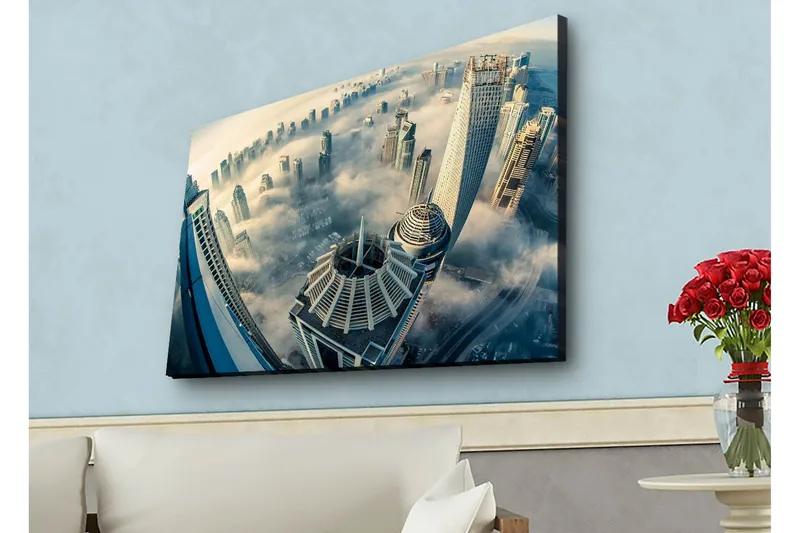 Canvastavla med LED-belysning - Futuristisk stadslandskap med höga skyskrapor i dimma - Grå / Blå / Beige - Inredning & dekor - Tavlor & konst - Canvastavla