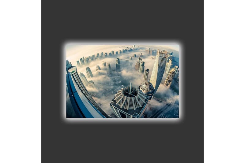 Canvastavla med LED-belysning - Futuristisk stadslandskap med höga skyskrapor i dimma - Grå / Blå / Beige - Inredning & dekor - Tavlor & konst - Canvastavla