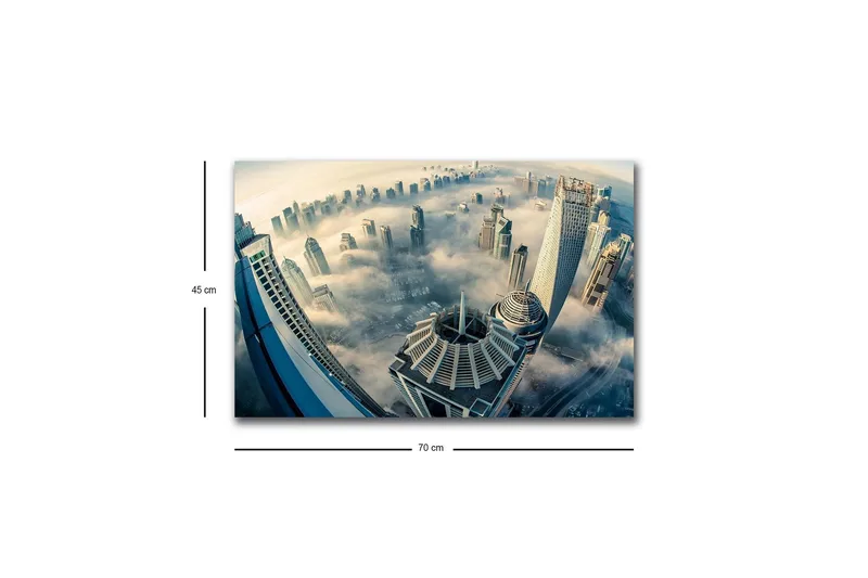 Canvastavla med LED-belysning - Futuristisk stadslandskap med höga skyskrapor i dimma - Grå / Blå / Beige - Inredning & dekor - Tavlor & konst - Canvastavla
