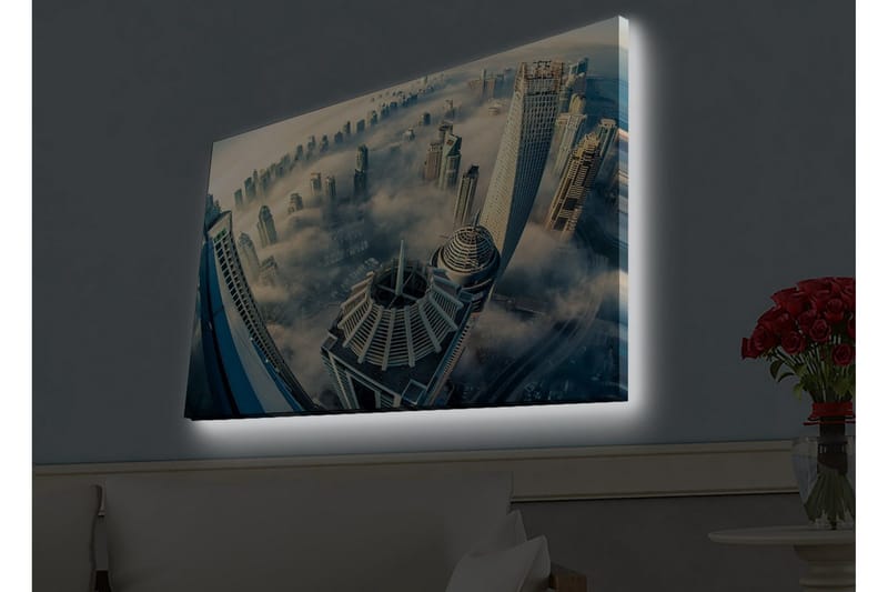 Canvastavla med LED-belysning - Futuristisk stadslandskap med höga skyskrapor i dimma - Grå / Blå / Beige - Inredning & dekor - Tavlor & konst - Canvastavla