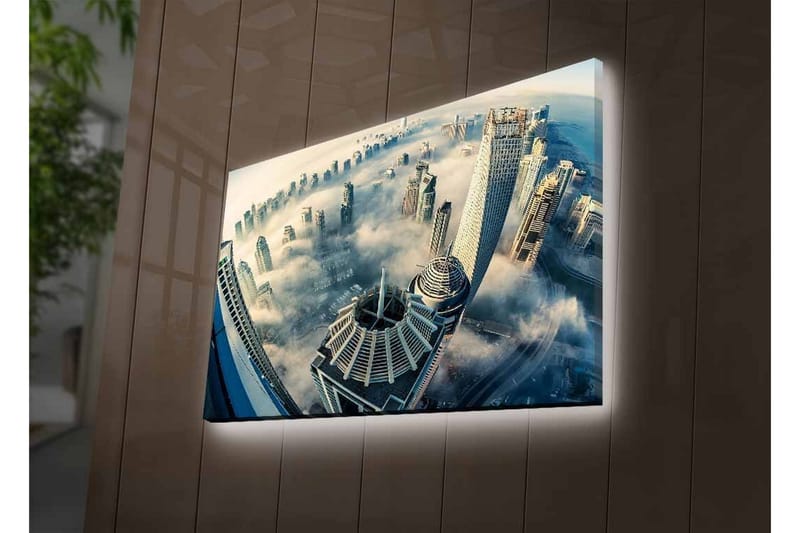 Canvastavla med LED-belysning - Futuristisk stadslandskap med skyskrapor i dimma - Grå / Blå / Vit - Inredning & dekor - Tavlor & konst - Canvastavla