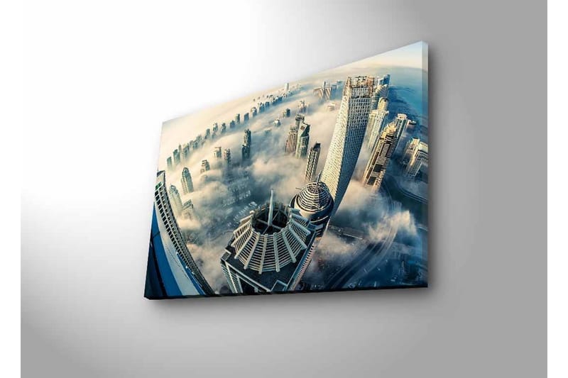 Canvastavla med LED-belysning - Futuristisk stadslandskap med skyskrapor i dimma - Grå / Blå / Vit - Inredning & dekor - Tavlor & konst - Canvastavla