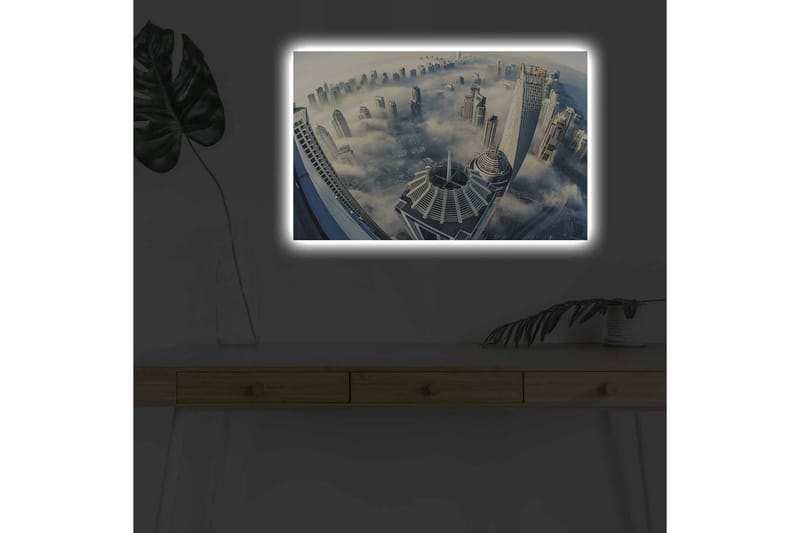 Canvastavla med LED-belysning - Futuristisk stadslandskap med skyskrapor i dimma - Grå / Blå / Vit - Inredning & dekor - Tavlor & konst - Canvastavla