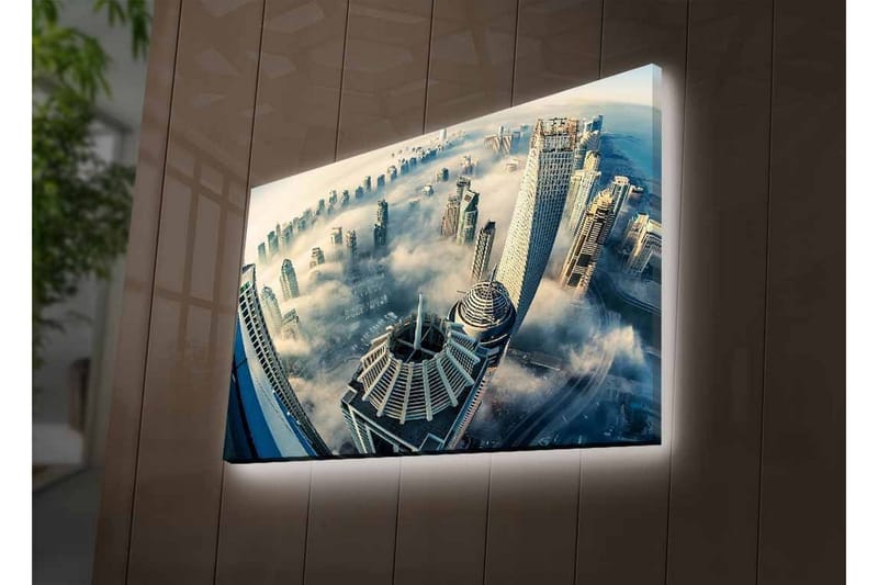 Canvastavla med LED-belysning - Futuristisk stadslandskap med skyskrapor i dimma - Grå / Blå / Vit - Inredning & dekor - Tavlor & konst - Canvastavla