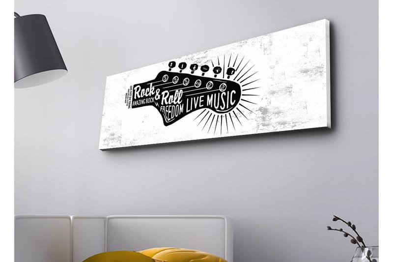 Canvastavla med LED-belysning - Gitarr med text som hyllar rockmusik och frihet, Svart / Vitt