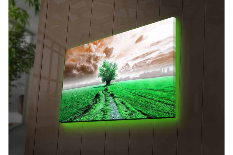 Canvastavla med LED-belysning - Grönskande landskap med en ensam trädkrona i horisonten - Grön / Brun / Grå - Inredning & dekor - Tavlor & konst - Canvastavla