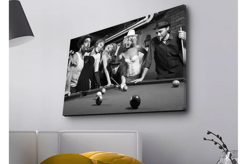 Canvastavla med LED-belysning - Grupp av människor som spelar biljard i en nostalgisk miljö - Svart / Vitt / Grått - Inredning & dekor - Tavlor & konst - Canvastavla