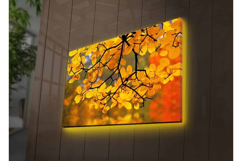 Canvastavla med LED-belysning - Gyllene höstlöv som hänger från en gren - Guld / Grön / Orange - Inredning & dekor - Tavlor & konst - Canvastavla